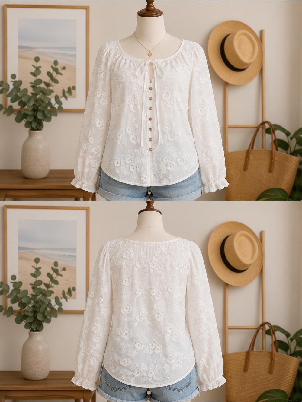 White Floral Embroidered 100% Cotton Boho Blouse | Cottagecore